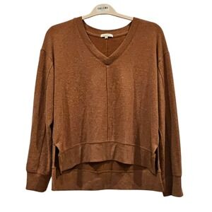 Z Supply V Neck Long Sleeve Brushed Thermal Top Brown Women Size large